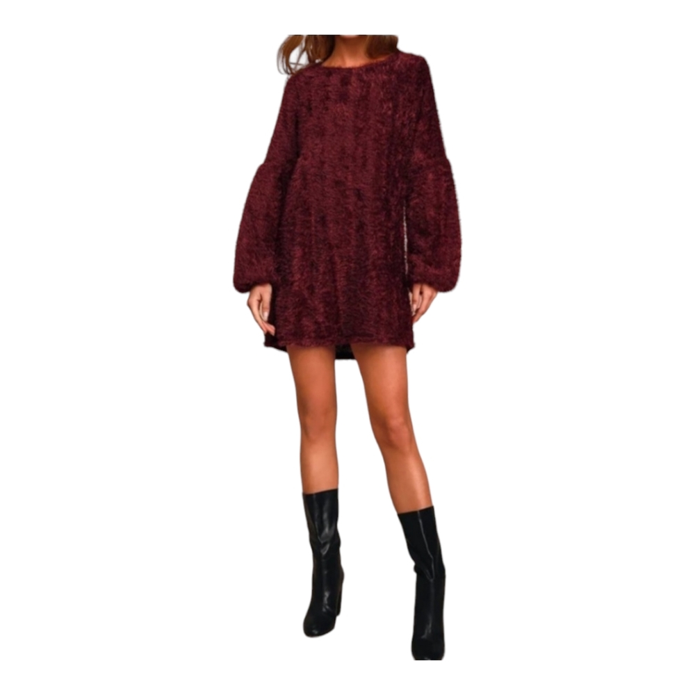 Lulus Womens Couldn't Be Sweeter Burgandy Fuzzy Knit Sweater Dress Size Medium